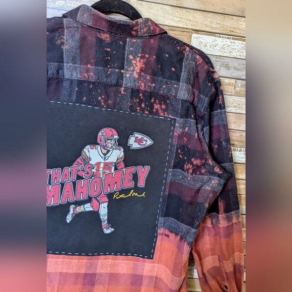 Kansas City Chiefs Mahomies Upcycled Handcrafted Dip Dye Bleach Flannel Shirt - Picture 8 of 15